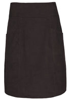 Front mannequin photo of chocolate brown cotton corduroy A-line skirt with pockets