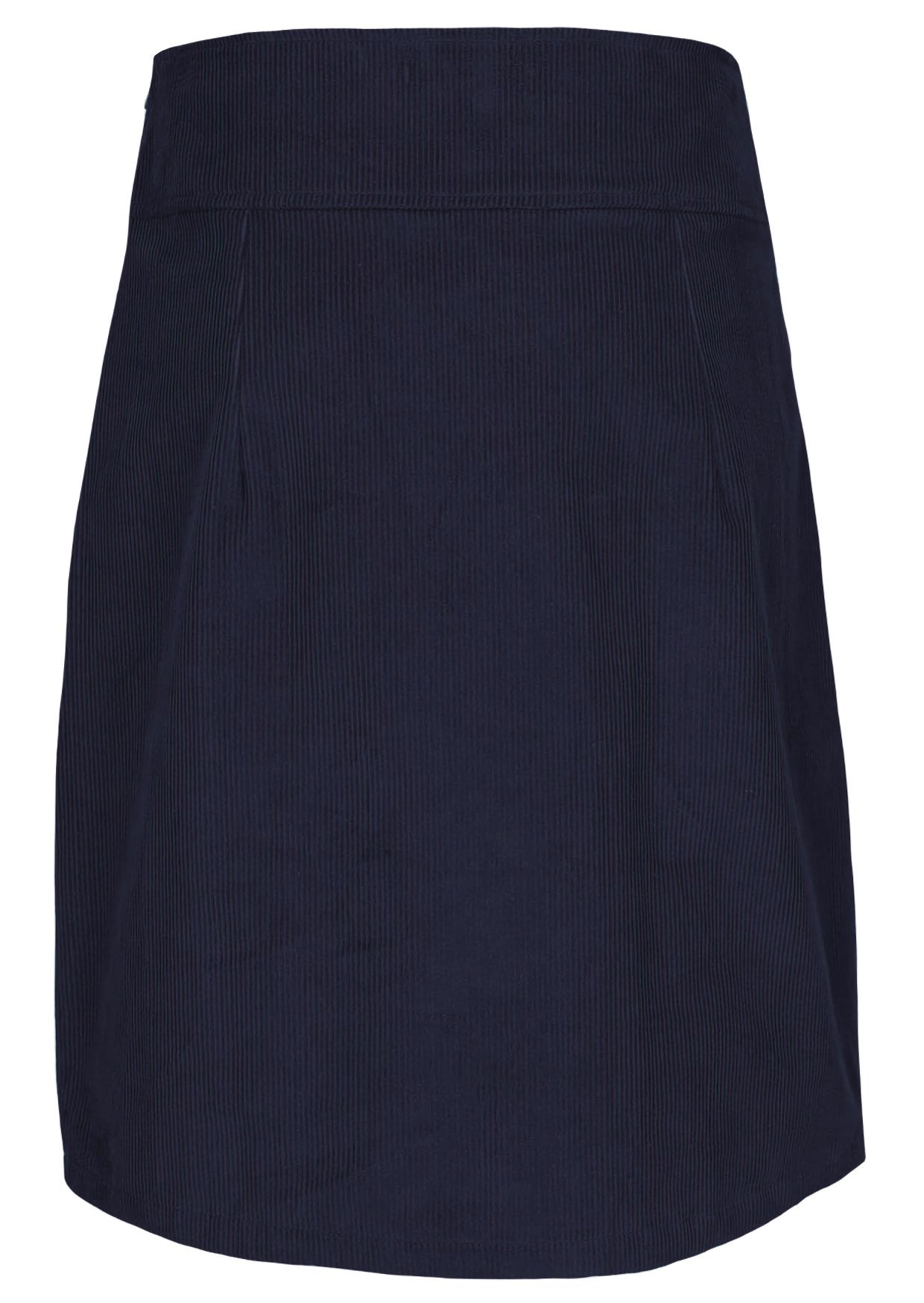 Back view of dark blue cotton corduroy A-line knee length skirt with pockets and side zip