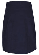 Back view of dark blue cotton corduroy A-line knee length skirt with pockets and side zip