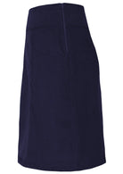 Side view of dark blue cotton corduroy A-line knee length skirt with pockets and side zip