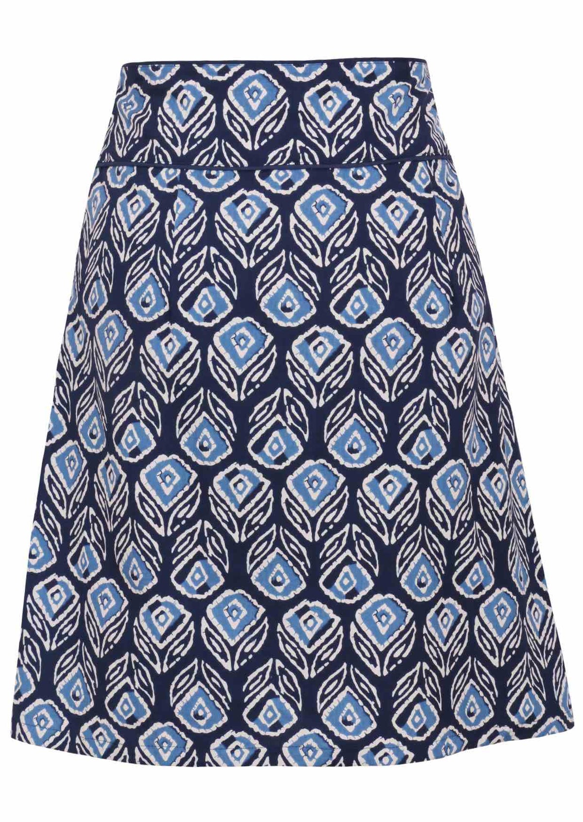 Back image of a above knee length navy cotton skirt with piped detailing, pockets and a side zipper