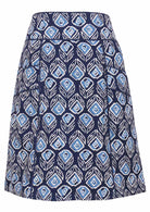 100% cotton above knee A-line skirt with piped details, pockets and hidden side zip in navy based floral print