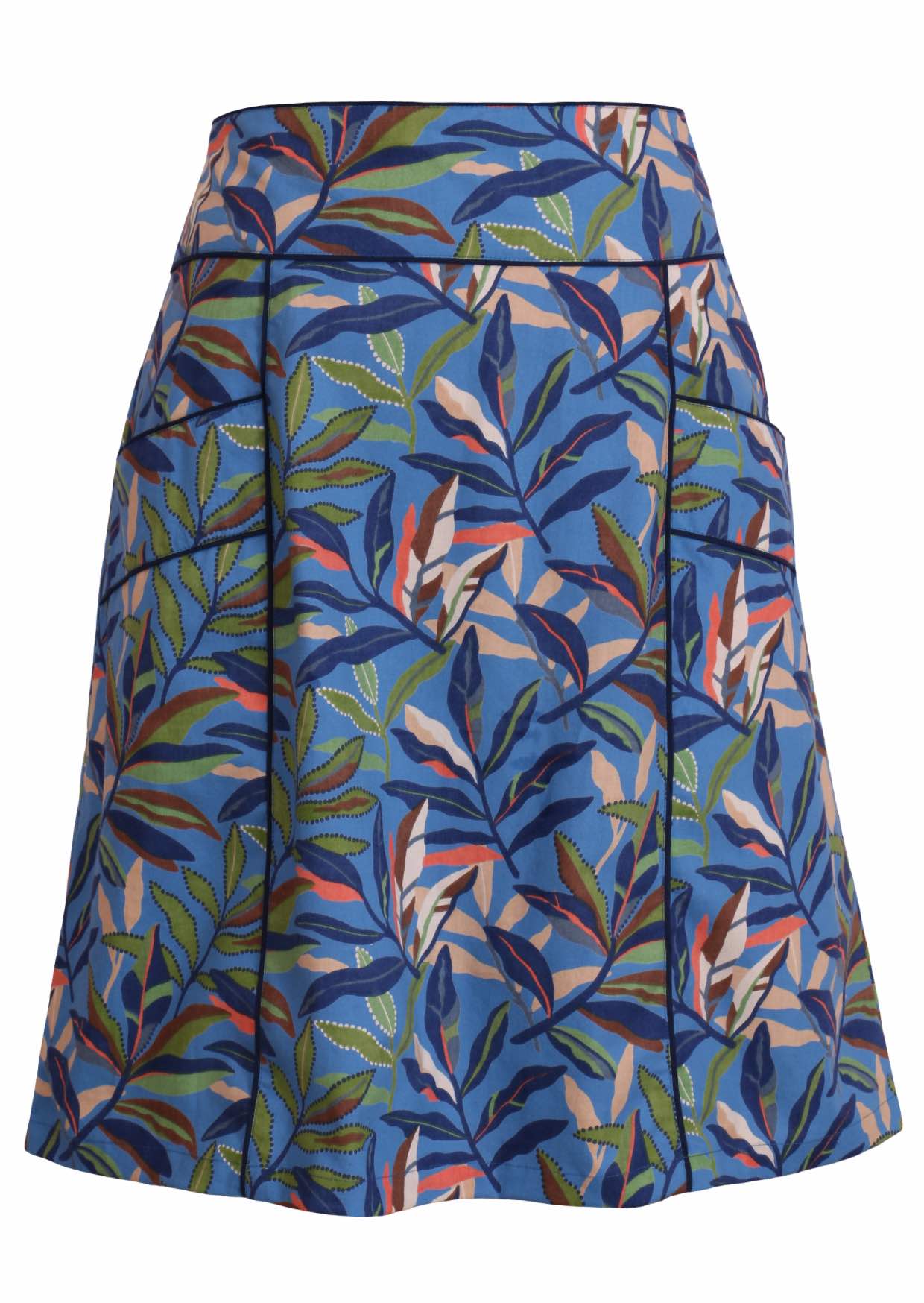 Front mannequin photo of cotton A-line skirt with contrasting piping and pockets