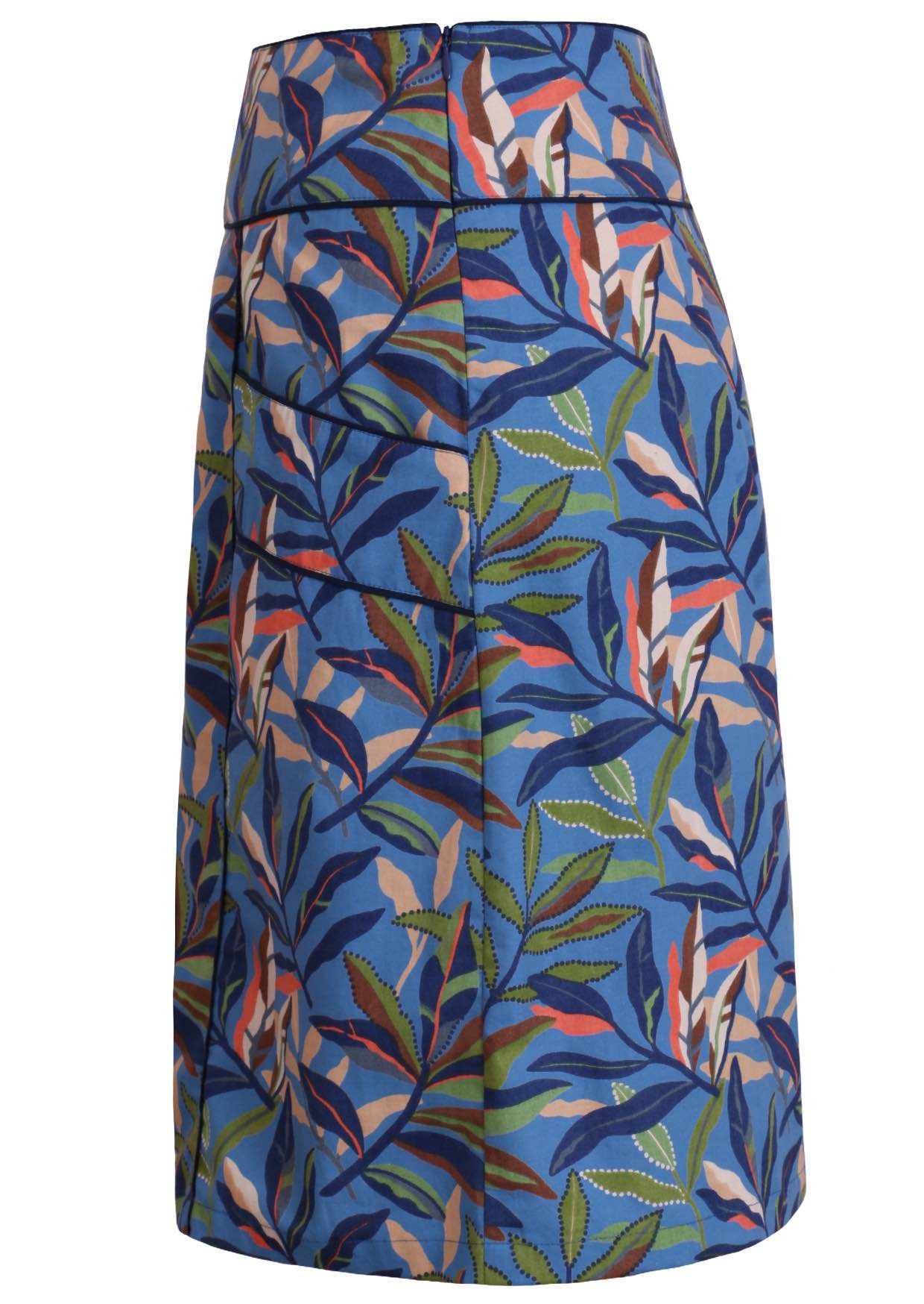 Side mannequin photo of cotton A-line skirt with contrasting piping, side zip and pockets