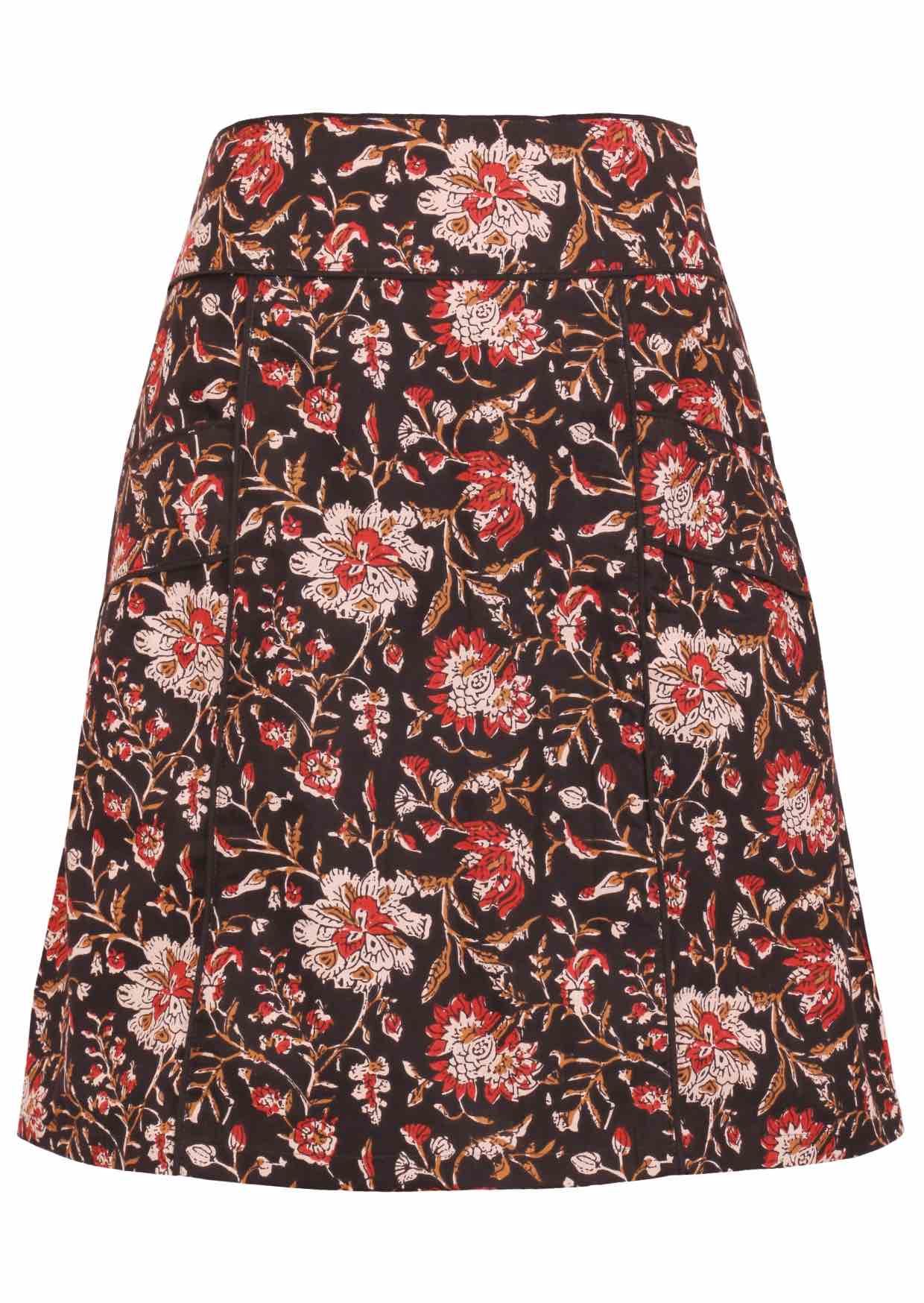 Floral print on black base cotton skirt with pockets and black piped detail