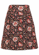 Floral print on black base cotton skirt with pockets and black piped detail