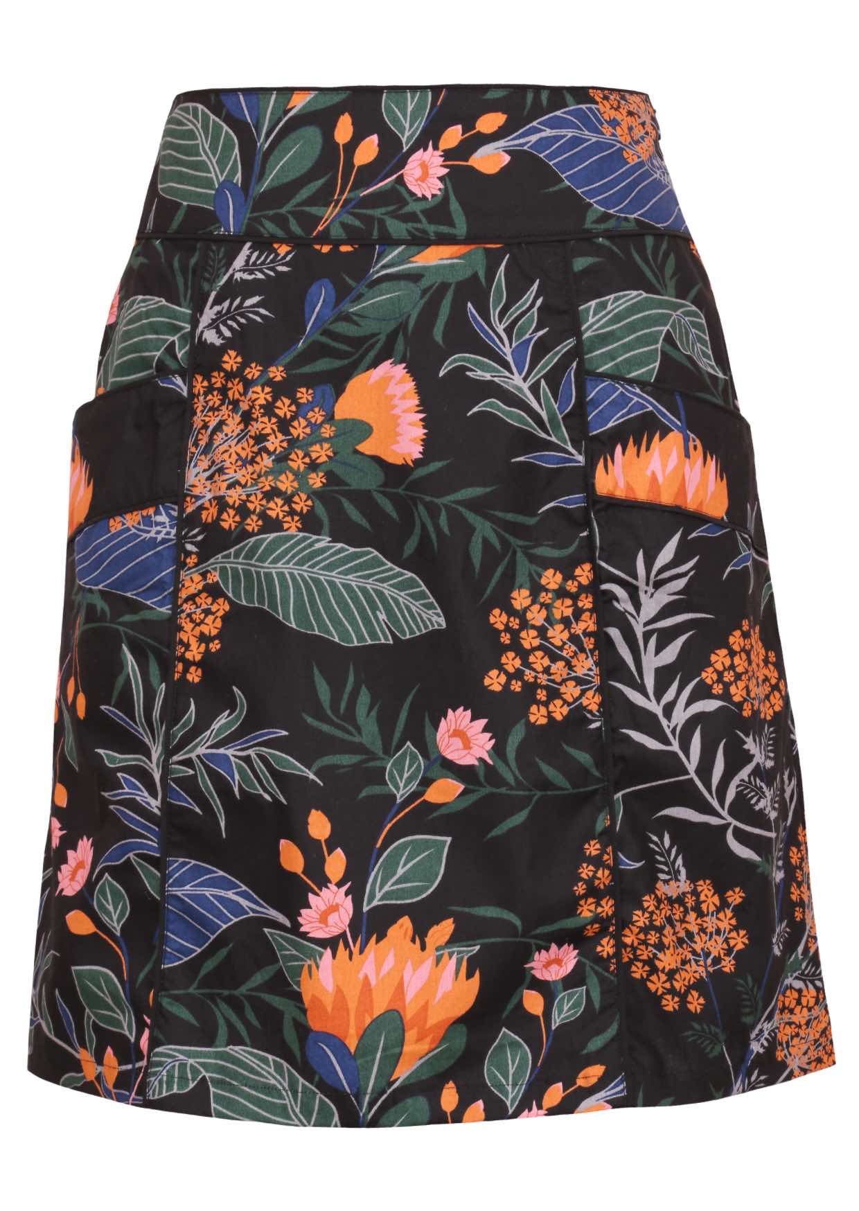 100% cotton above knee A-line skirt with piped details, pockets and hidden side zip in queen protea print on black base