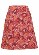 Japanese-style print cotton A-line skirt in pink, maroon, brown, peach, and khaki tones.