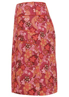 Japanese-style print cotton skirt in pink, maroon, brown, peach, and khaki tones with side zip.