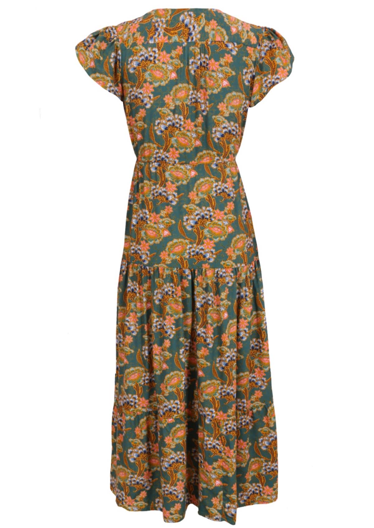 Back mannequin photo of green based floral rayon sundress with tulip sleeves and swishy skirt