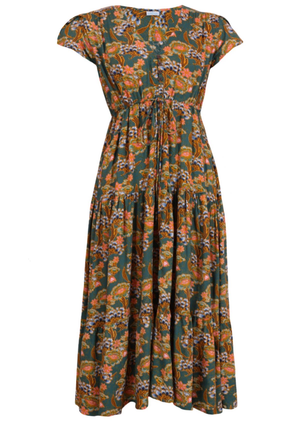 Front mannequin photo of green based floral rayon sundress with buttoned bodice and tulip sleeves