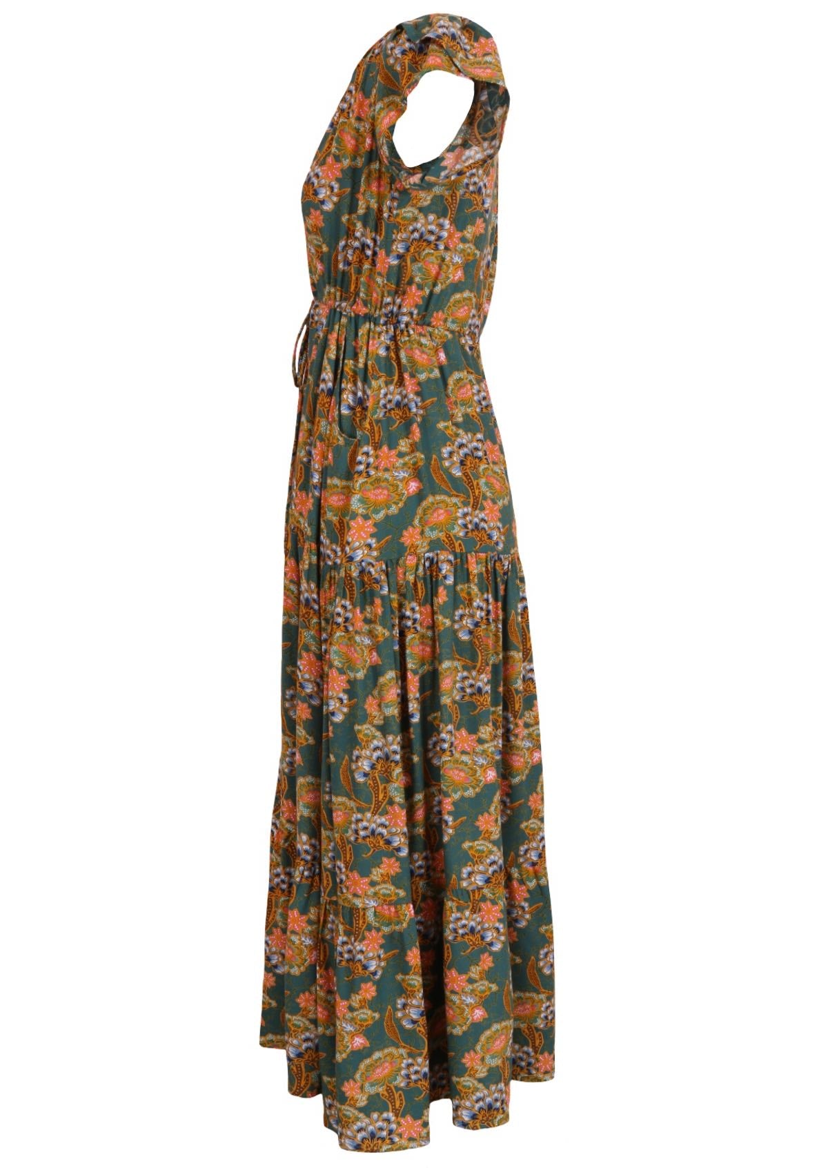 Side mannequin photo of green based floral rayon sundress with shoestring ties and tulip sleeves