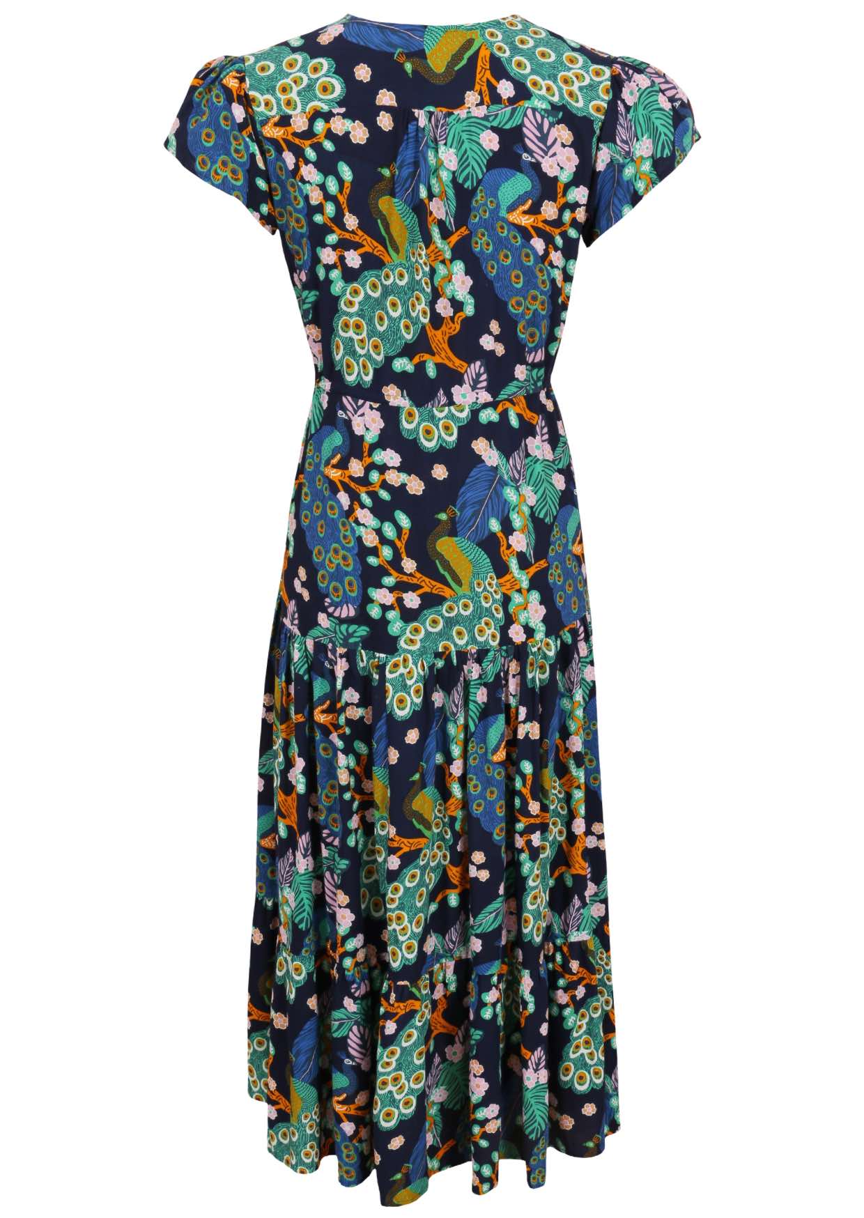 Back view of a rayon maxi dress with generous skirt and cap tulip sleeves in a peacock print