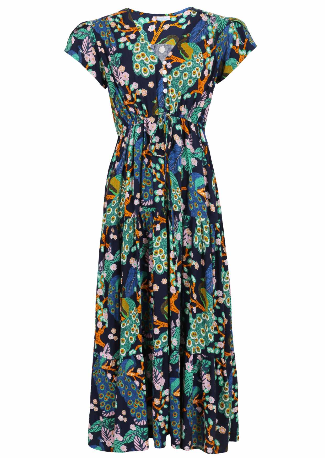 Rayon maxi dress with buttoned bodice and cap tulip sleeves in a peacock print