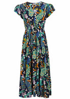 Rayon maxi dress with buttoned bodice and cap tulip sleeves in a peacock print