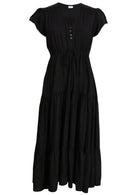 Front mannequin pic of black rayon maxi dress with cap sleeves and buttoned bodice