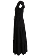 Side mannequin pic of black rayon maxi dress with tulip sleeves and shoe-string waist-ties