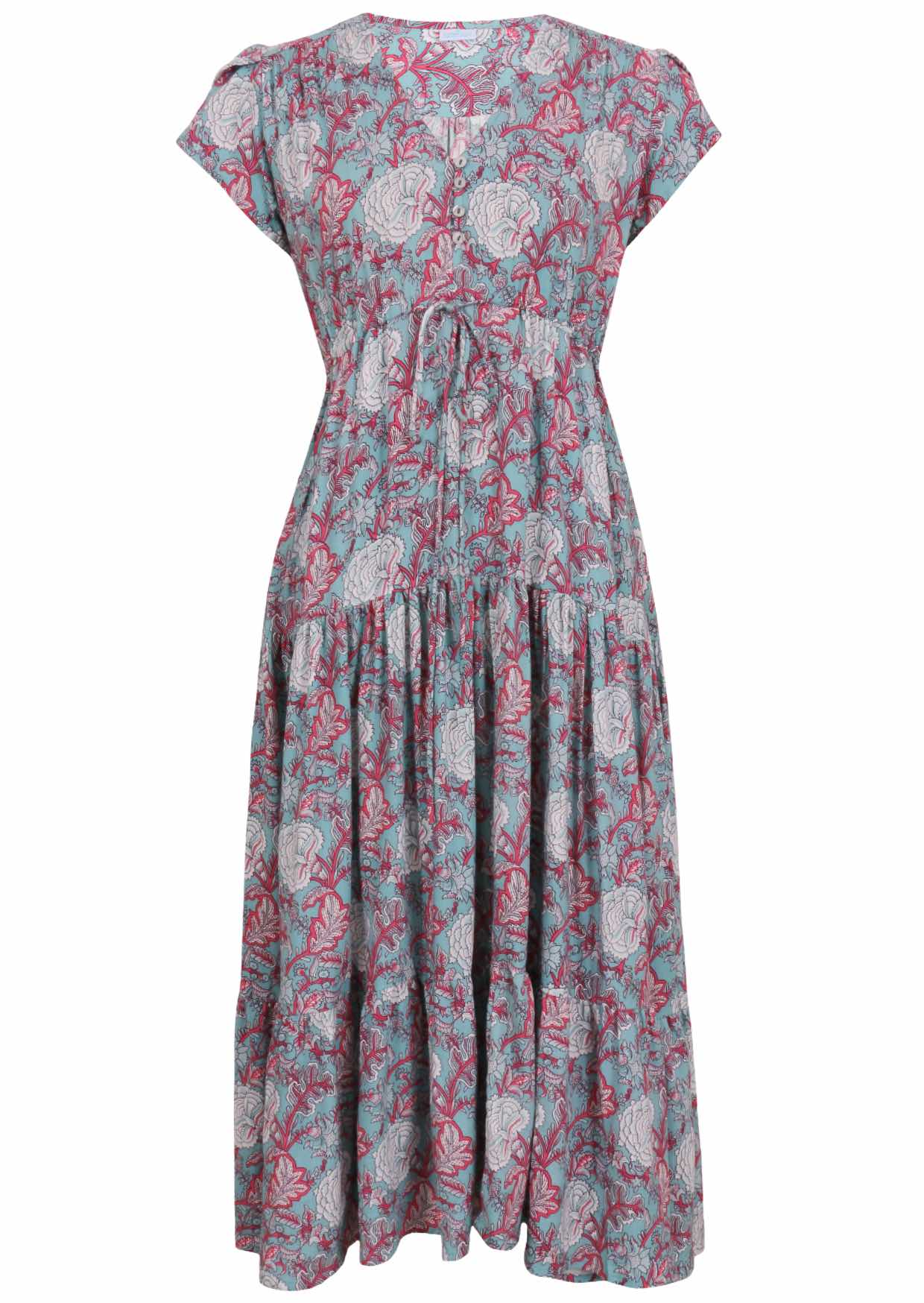 Blue based pink and white floral print rayon dress with V - neckline.