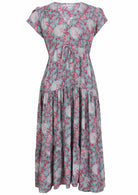 Blue based pink and white floral print rayon dress with V - neckline.