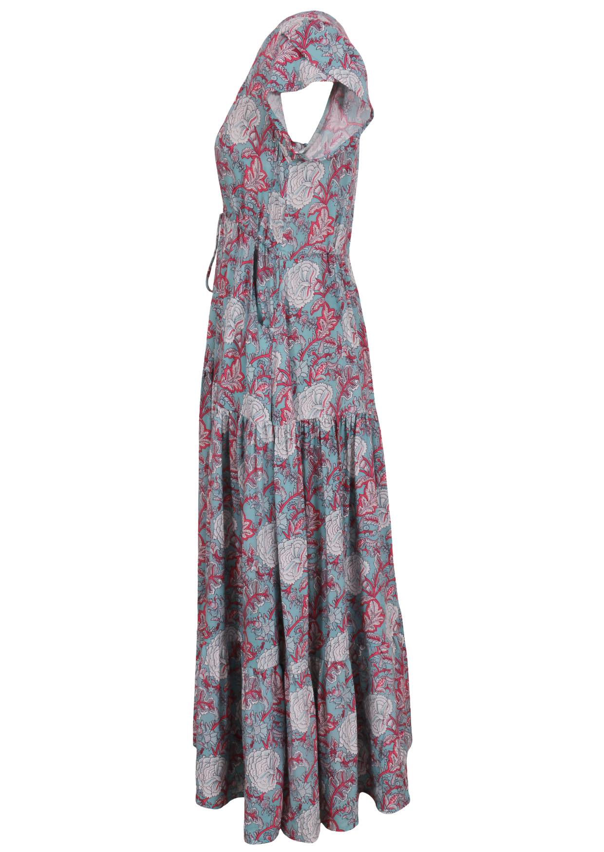 Blue based pink and white floral print rayon dress with pockets.