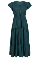 Teal green maxi dress with buttons on a white background