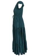 Teal green maxi dress with buttons on a white background side view with pocket