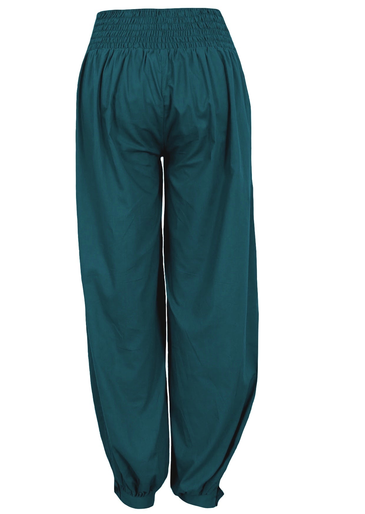 Back view of cotton relaxed fit pants in deep teal with buttoned ankles and elastic at back of the waist