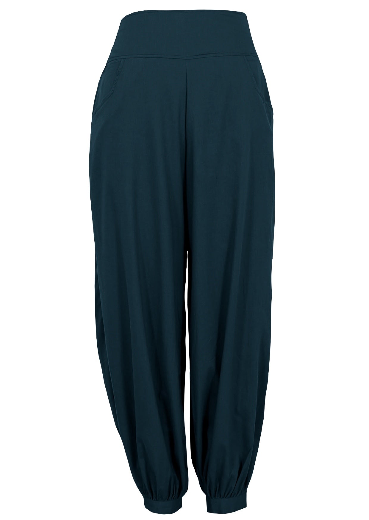 100% cotton plain deep teal relaxed fit pants with wide flat front waistband, cuffed ankles and pockets