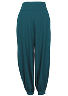 100% cotton plain deep teal relaxed fit pants with wide flat front waistband, cuffed ankles and pockets