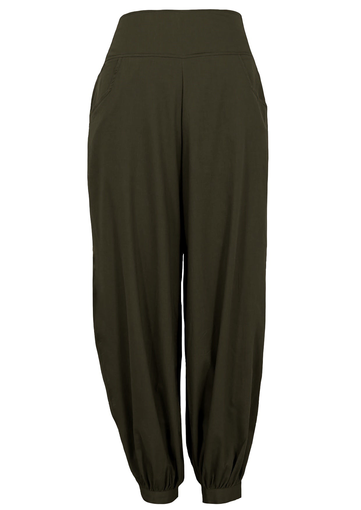 100% cotton harem pant in olive green shade with flat front waistband, pockets and cuffed ankles 