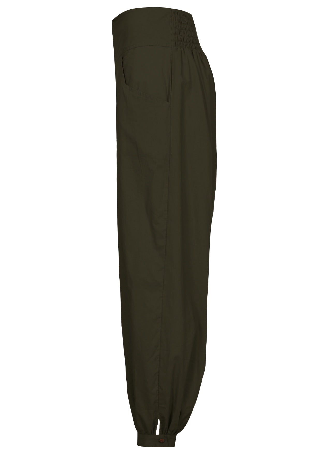 Wide leg cotton pants in olive green with pockets, shirring at the back of waist, cuffed ankles with buttons 