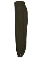 Wide leg cotton pants in olive green with pockets, shirring at the back of waist, cuffed ankles with buttons 