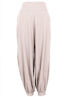 Lightweight 100% cotton pull-on harem pant with pockets, elastic waist and cuffed  ankles in natural white
