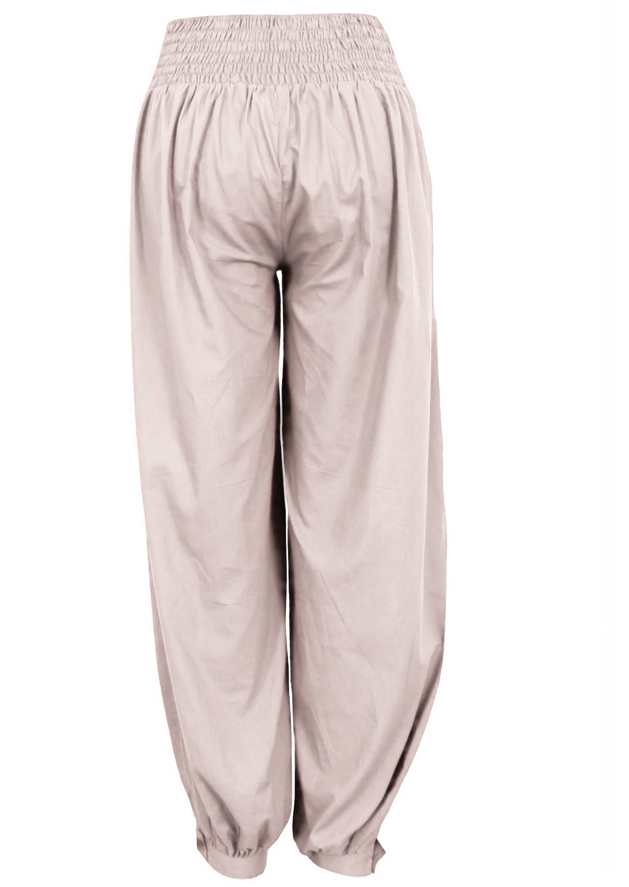 White cotton harem pants with cuffed ankles, pockets and shirring at back of the waist 