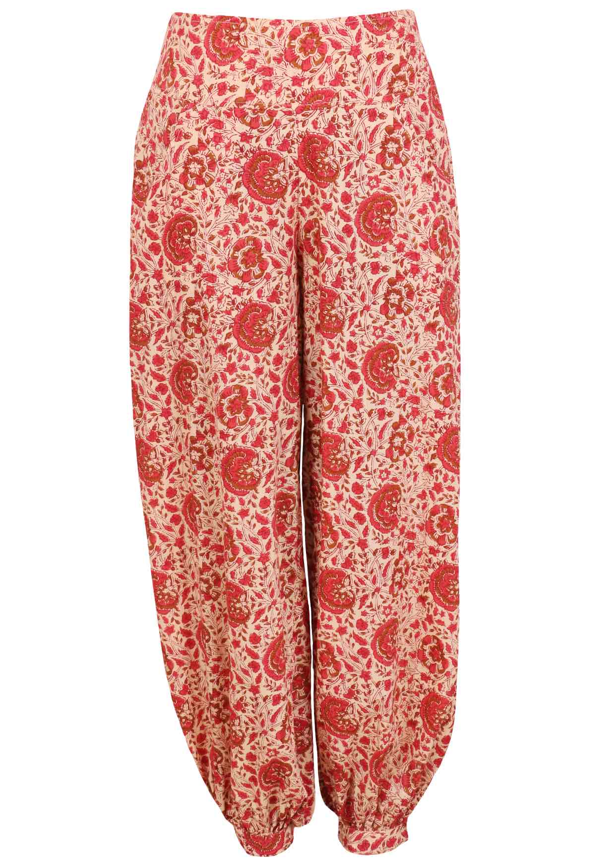 Cream based warm floral print harem pants with buttoned ankle