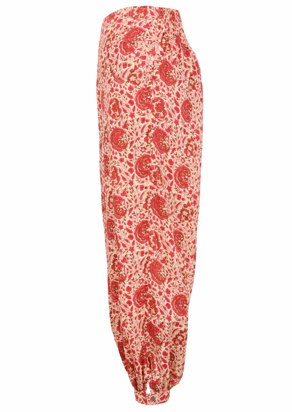 Cream based warm floral print harem pants with buttoned ankle and pockets