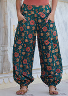 Karma East | 100% cotton harem pants with wide elastic waistband, pockets and cuffed ankles 