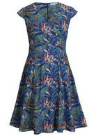 Front mannequin photo of cotton retro inspired dress with cross over bodice, cap sleeves and generous skirt