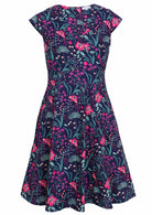  Alice Dress Dianthus front view, retro style 100% cotton navy blue floral with cross over bodice and pockets