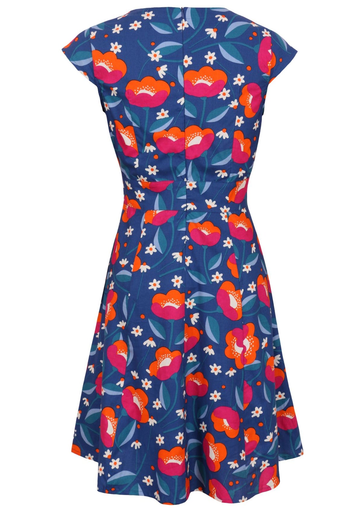 Back view of 100% cotton dress with print featuring royal blue based florals