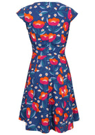 Back view of 100% cotton dress with print featuring royal blue based florals