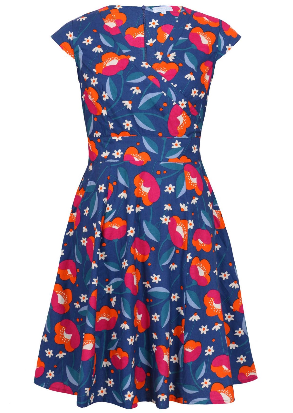 V-neck cotton dress with print featuring royal blue based florals 
