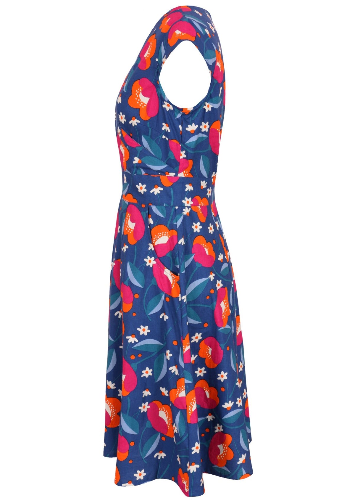 Side view of 100% cotton dress with print featuring royal blue based florals
