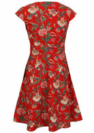 Back view of cap sleeves cotton dress with a bold vine floral print in vibrant multicolours on bright red.