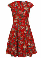 V-neck cotton dress with a bold vine floral print in vibrant multicolours on bright red.

