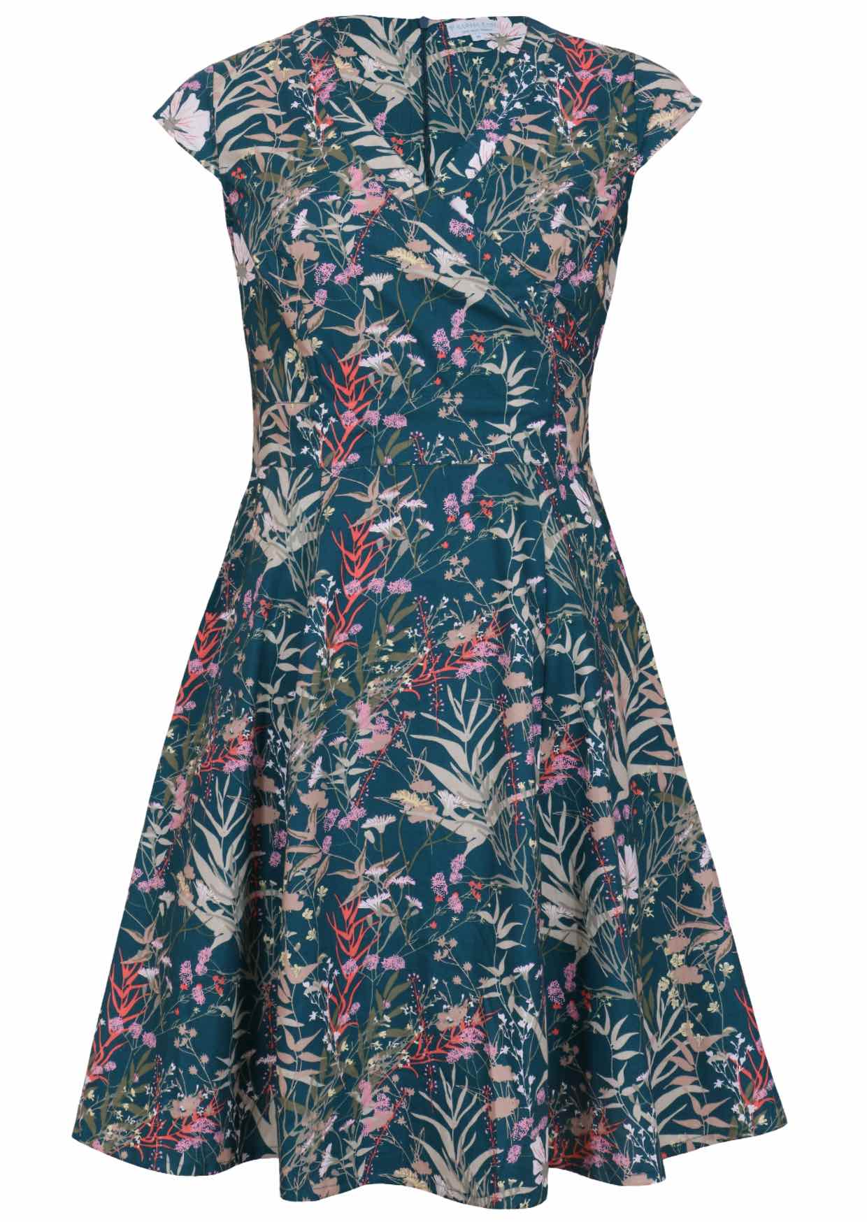 V-neck cotton dress with delicate multicoloured wildflowers on a teal base.