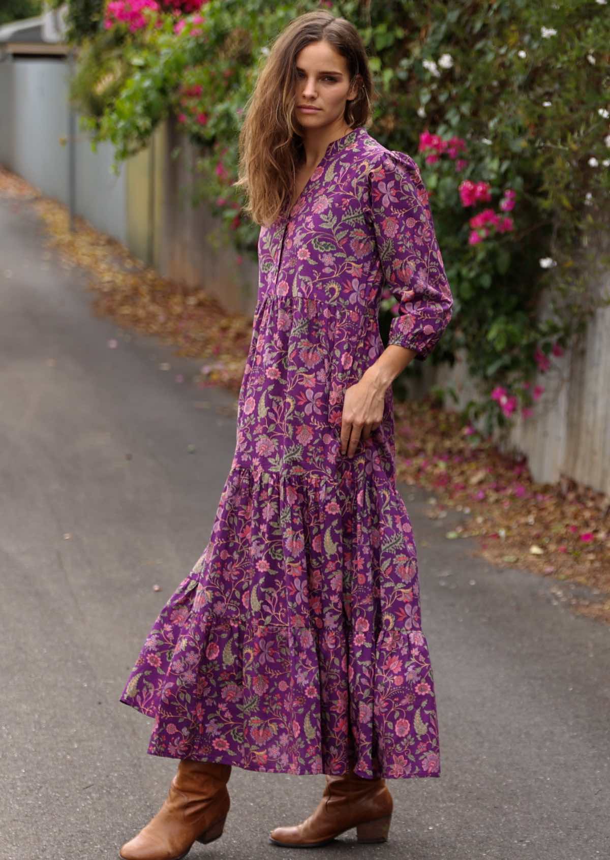 100% cotton maxi dress with 3/4 sleeves and buttoned bodice and hidden side pockets
