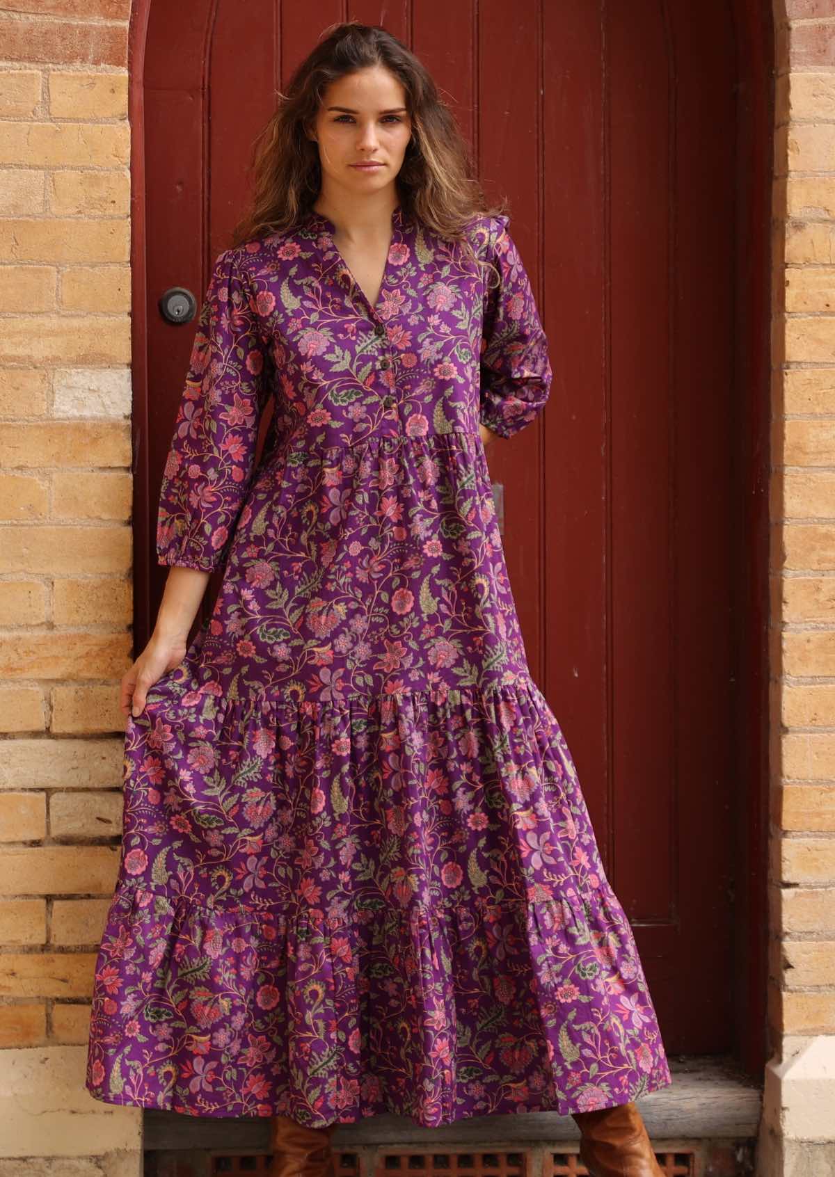 Gorgeous purple base floral print boho cotton maxi dress