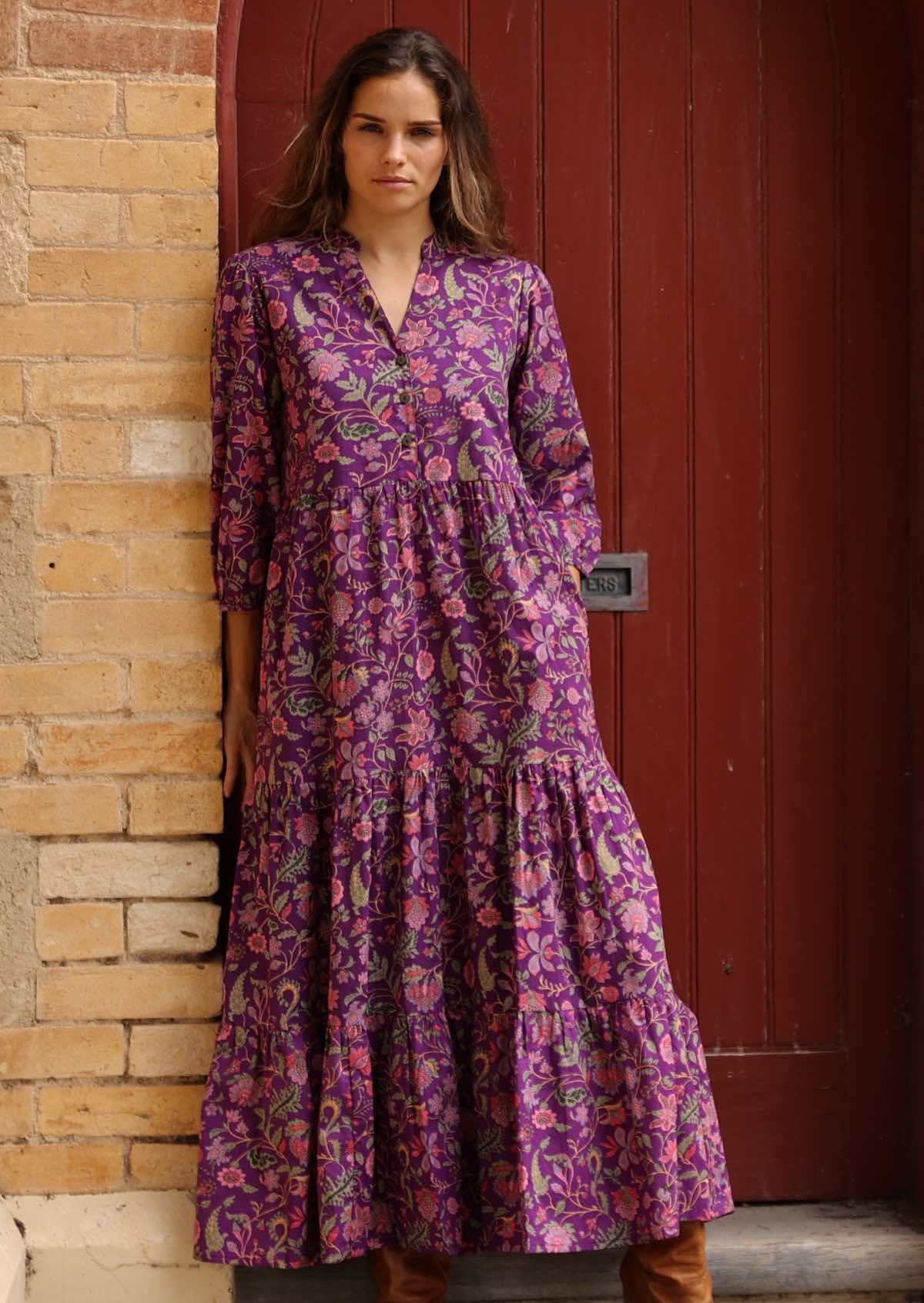 Cotton maxi dress with tiered skirt and buttoned bodice and pockets