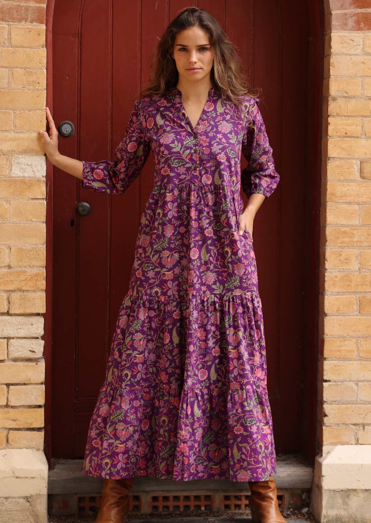 Beautiful boho tiered maxi dress with buttoned bodice
